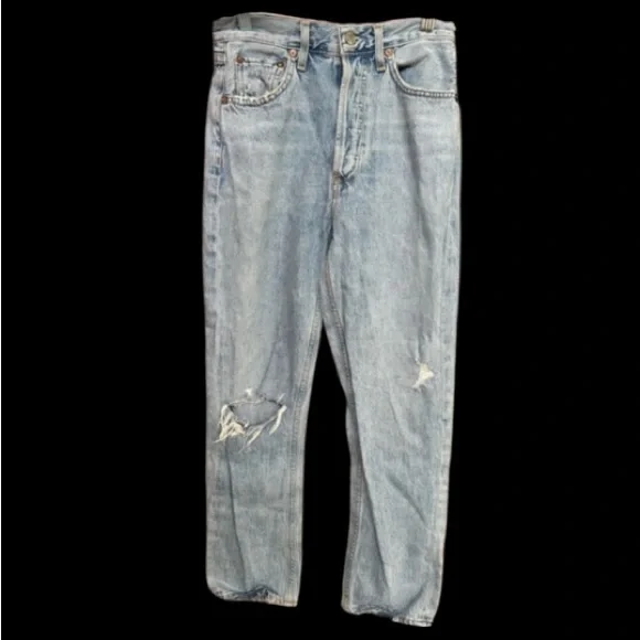 Agolde Riley High Rise Straight Crop Light Wash Ripped Jeans Size 25 - Picture 5 of 9